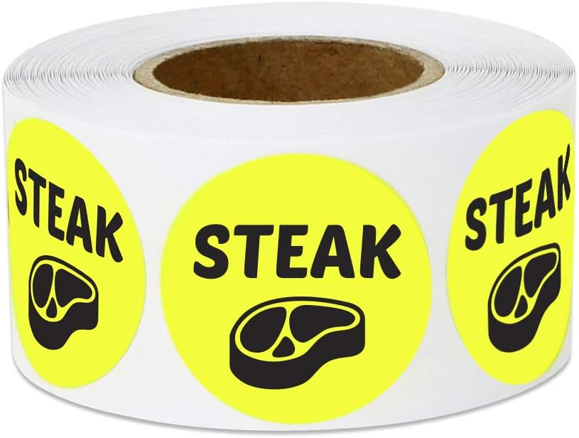Steak Stickers, 1" Round, Yellow, 600 Labels | Food Labels, Menu Meal Choice, Deli Pantry Catering, 2 Rolls of 300