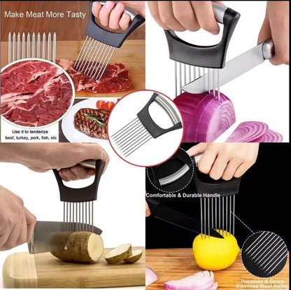 Onion Holder & Lemon Slicer Cutter Tool – Stainless Steel Vegetable & Fruit Slicing Assistant for Easy, Safe Cutting (Silver)