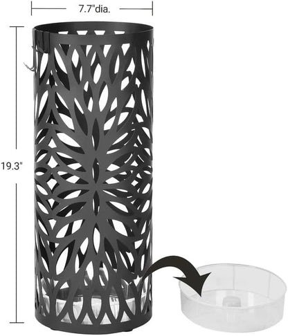 SONGMICS Umbrella Stand, Umbrella Holder for Entryway, Steel Square Umbrella Rack Organizer Freestanding, for Canes Walking Sticks, with a Detachable Drip Tray, 4 Hooks, Black ULUC026B33
