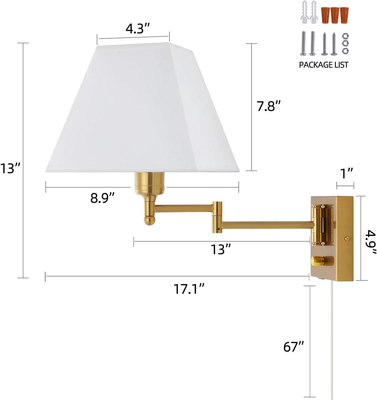 Wall Mounted Lamp Plug in Wall Sconce with Dimmable Switch Swing Arm Wall Lamp Whire Fabric Shade with USB Port Gold Wall Sconce Suitable for Hallway Bedroom Living Room…