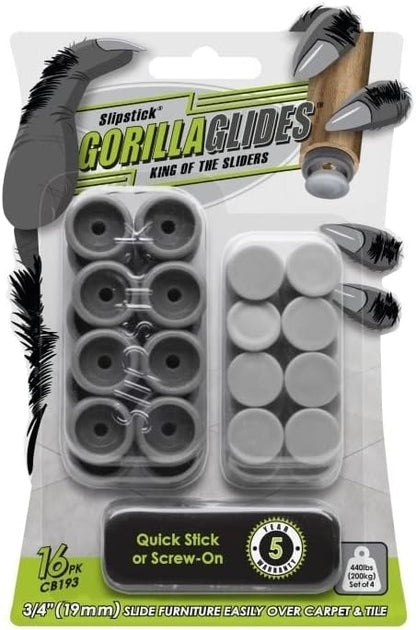 GorillaGlides 1 Inch Chair Sliders/Furniture Floor Protectors (16 Furniture Glides) Self-Adhesive Screw On Chair Glides for Sliding on Low-Pile Carpet & Hard Surface Floors, Round