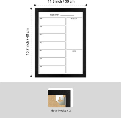 Weekly Dry Erase Whiteboard Calendar, 15.7"x11.8" Magnetic Surface Memo Board, Minimal Design Weekly Planner for Wall, Black Wood Frame Dry Erase Board for Office School Home(ZLBB-S-BK-2636)