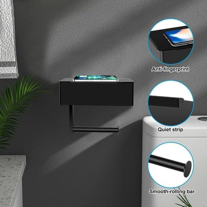 Toilet Paper Holder with Storage, Shelf of Bathroom Toilet Tissue Holder, Toilet Paper Roll Holder, Black Stainless Steel Wall Mount, No Installation & Flushable Wet Wipes Storage