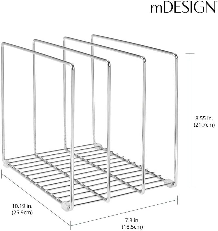mDesign 3 Slot Tray and Pan Rack — Metal Wire Rack for Pantry and Kitchen Storage — Freestanding Pan Lid Holder Also for Baking Trays and Crockery – Silver