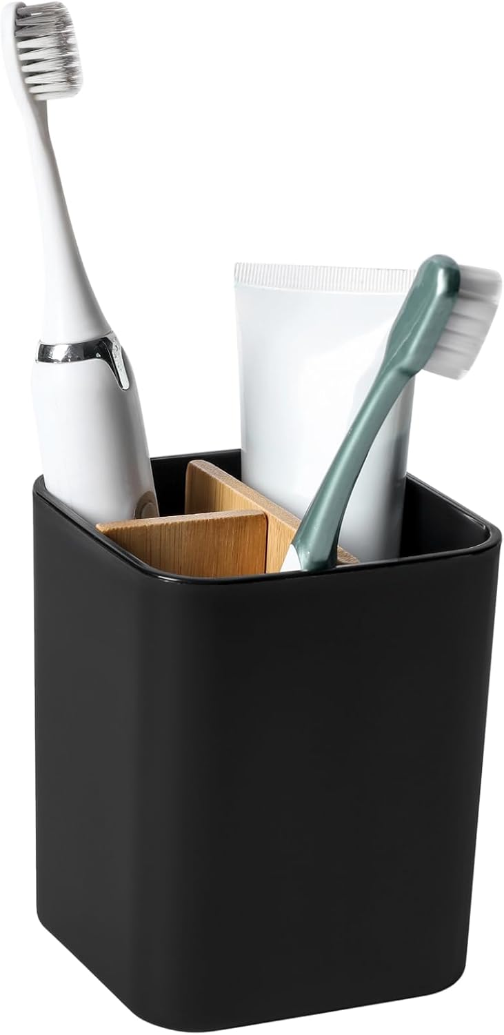 Bamboo Toothbrush Holder for Bathrooms Toothpaste Organizer - Black | Detachable Inserts, 3 Slots, Bathroom Counter Organizer, for Kids Electric Toothbrushes, Floss, Razors