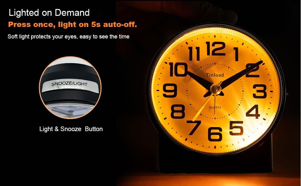 Tinload 4.3" No Ticking Analog Alarm Clock,Silent Readable for Seniors,Easy to Set,Gradual Rise Alarm,Big Numbers,On/Off Switch on Side,Gentle Wake,Snooze,Lighted on Demand,Battery Operated,Black