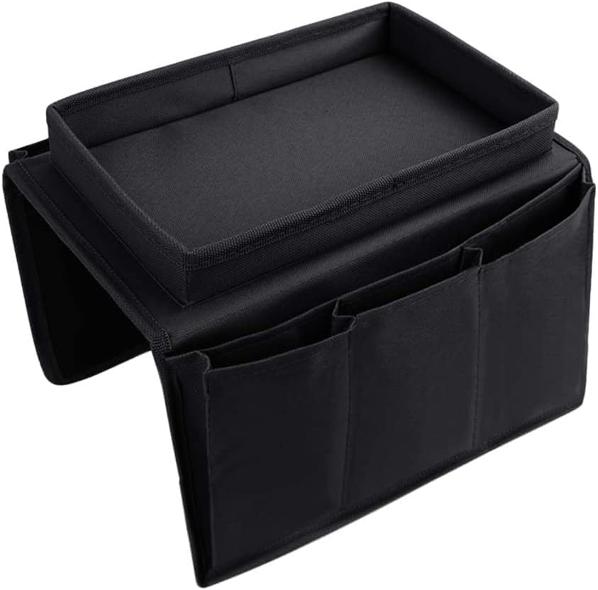 Sofa Armrest Organizer with Cup Holder No-Slip Couch Sofa Armrest Organiser Couch Remote Caddy Control Holder with 1 Large Pockets and 3 Small Pockets for TV Remotes Cellphone Magazines Drinks (Black)