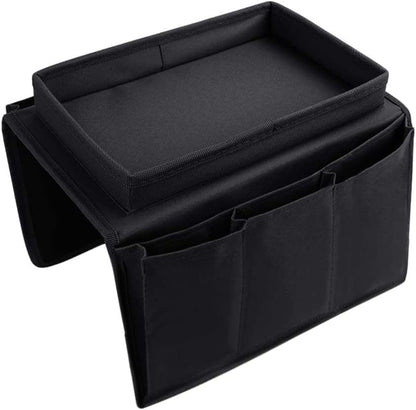 Sofa Armrest Organizer with Cup Holder No-Slip Couch Sofa Armrest Organiser Couch Remote Caddy Control Holder with 1 Large Pockets and 3 Small Pockets for TV Remotes Cellphone Magazines Drinks (Black)