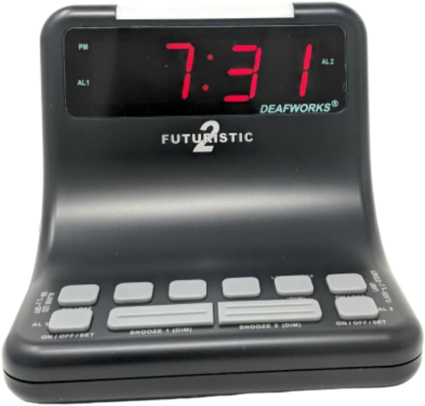 Futuristic 2 Silent Alarm Clock with Bright Flashing LED Lights for Deaf, Hard of Hearing, Heavy Sleepers | Dual Alarms, Built-in USB Chargers | Wake Up Gently
