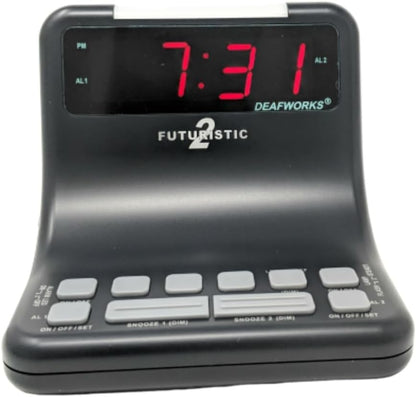Futuristic 2 Silent Alarm Clock with Bright Flashing LED Lights for Deaf, Hard of Hearing, Heavy Sleepers | Dual Alarms, Built-in USB Chargers | Wake Up Gently