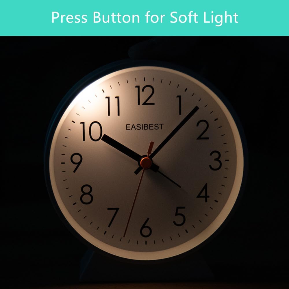 No Ticking Silent Alarm Clock,Easy to Read and Use,Ascending Sound,1 AA Battery Operated,Snooze Light,Bedside Desk Clock,Black