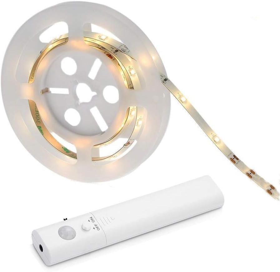 3.3Ft PIR Motion Sensor LED Cabinet Lights, Waterproof Battery Powered DC 5V 3528 Strip Tape Under Bed lamp Light for Closet Wardrobe Stairs Hallway(White)