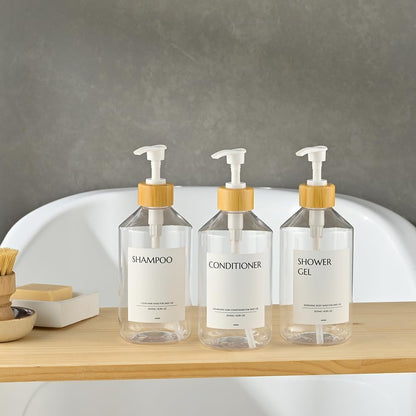 Shampoo and Conditioner Dispenser Set of 3 for Wall Mount | 16.9 fl oz Drill Free Shower Soap Bottles,Refillable Body Wash Dispensers for Bathroom Decor (Amber Bottles + Bamboo Pumps)