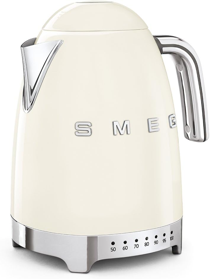 SMEG Variable Temperature Electric Kettle 1.7L (7 Cup), Stainless Steel Tea & Coffee Kettle, Fast Boil, Adjustable Temp 122°F–212°F, Keep Warm, Auto Shut-Off, 360° Base, Retro Style-Cream