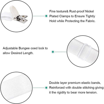 Adjustable Bed Sheet Straps Clips, Elastic Mattress Sheet Fasteners Holder and Suspenders, Grippers to Hold Sheet, Mattress, Sofa, Couch, Table Cloth, Recliner Ironing Board Cover and More