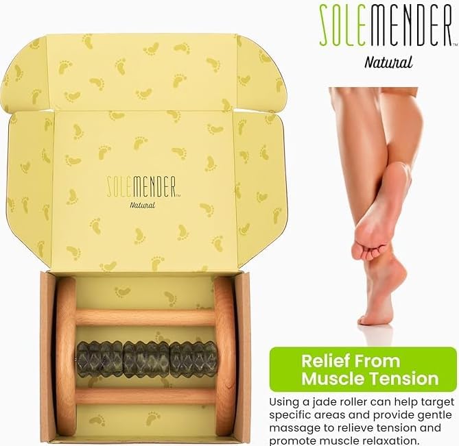 Wooden Foot Roller - Soothe & Massage Sore Feet (Jade Stone) | Boosts Circulation & Relaxes Tired Muscles, Deep-Tissue Massage At Home, Under the Desk Foot Pain Relief