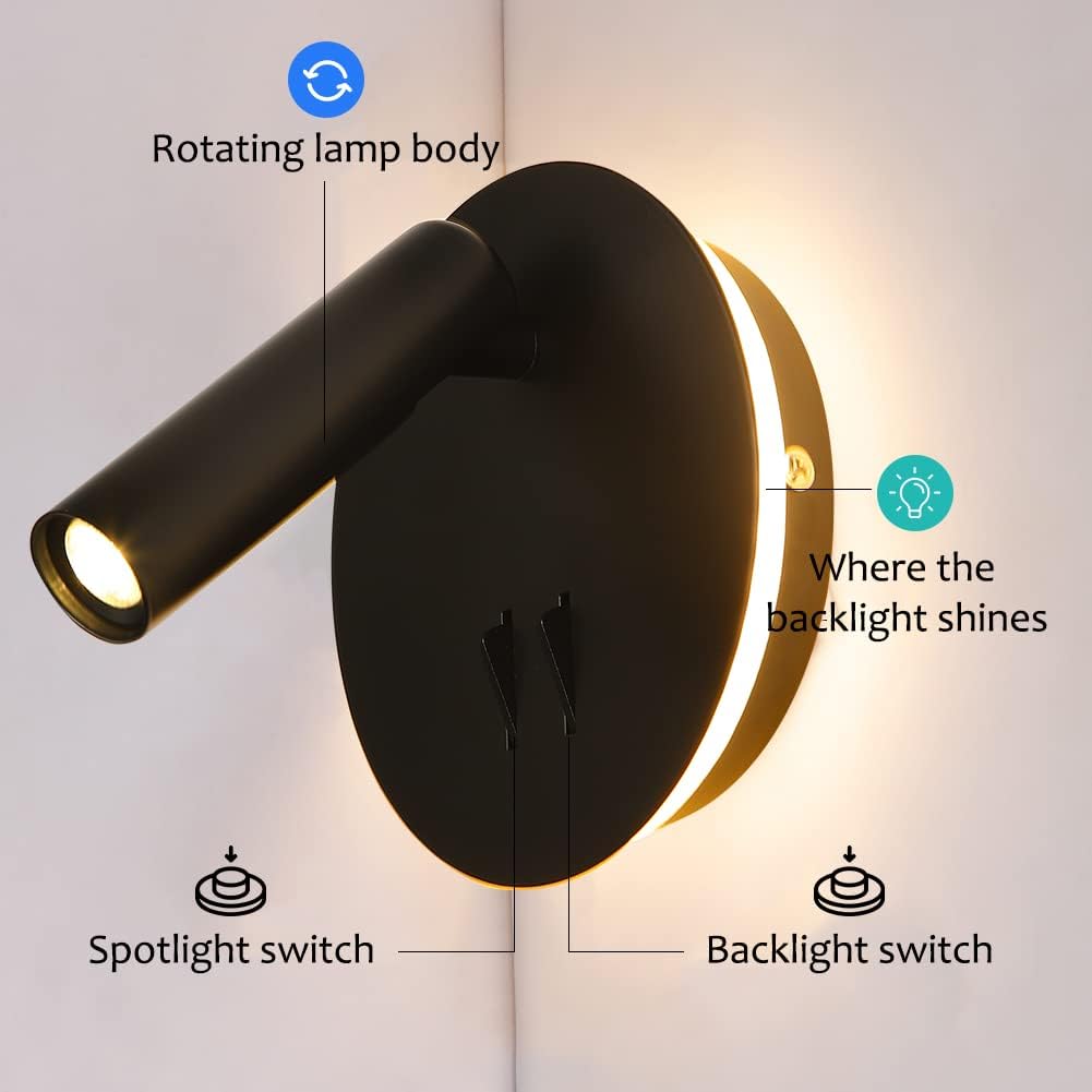 ZEROUNO Hardwired Sconces Wall Mounted Reading Lights with Switch LED Wall Lighting for Bedroom Bedside Lamps (Black)