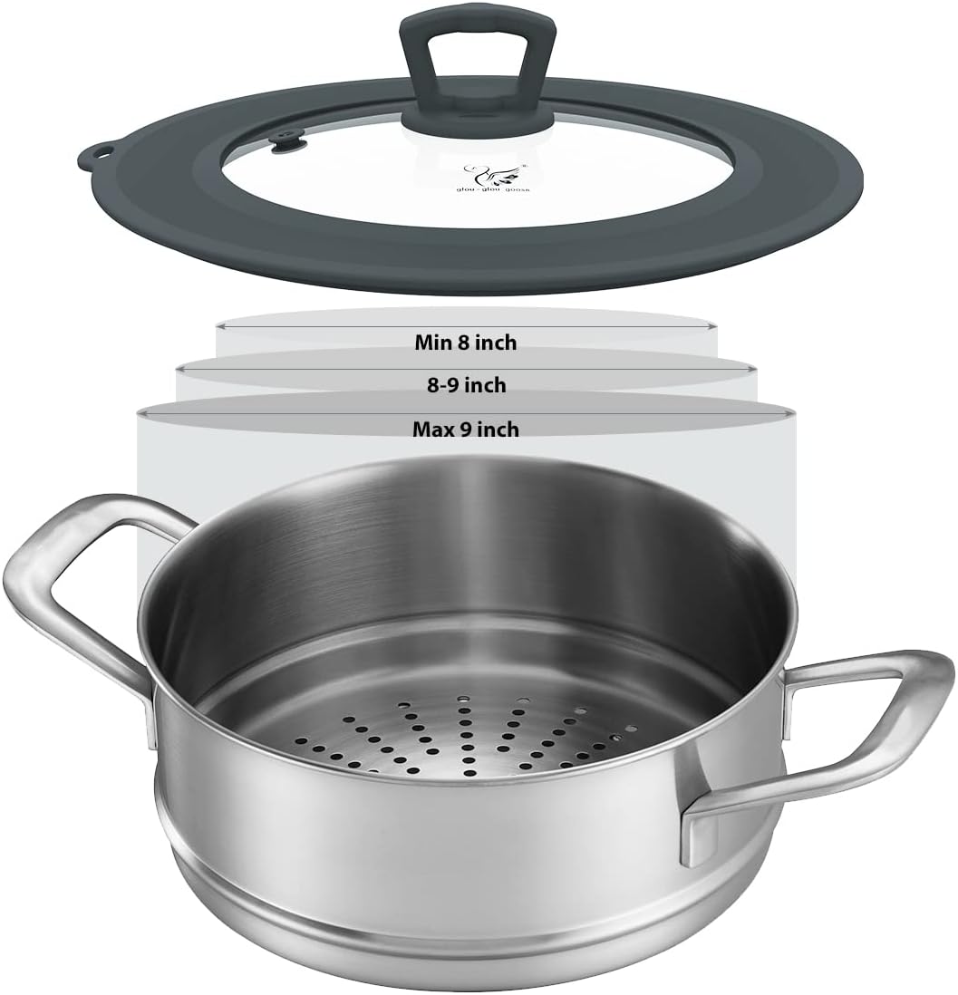 Vented Tempered Glass Universal Lid for Pot Pan Skillet with Heat Resistant Silicone Rim Microwave Splatter Lid Cover Microwave Safe Fit 11.5" 12" 12.5" Cookware, Dishwasher Safe Black