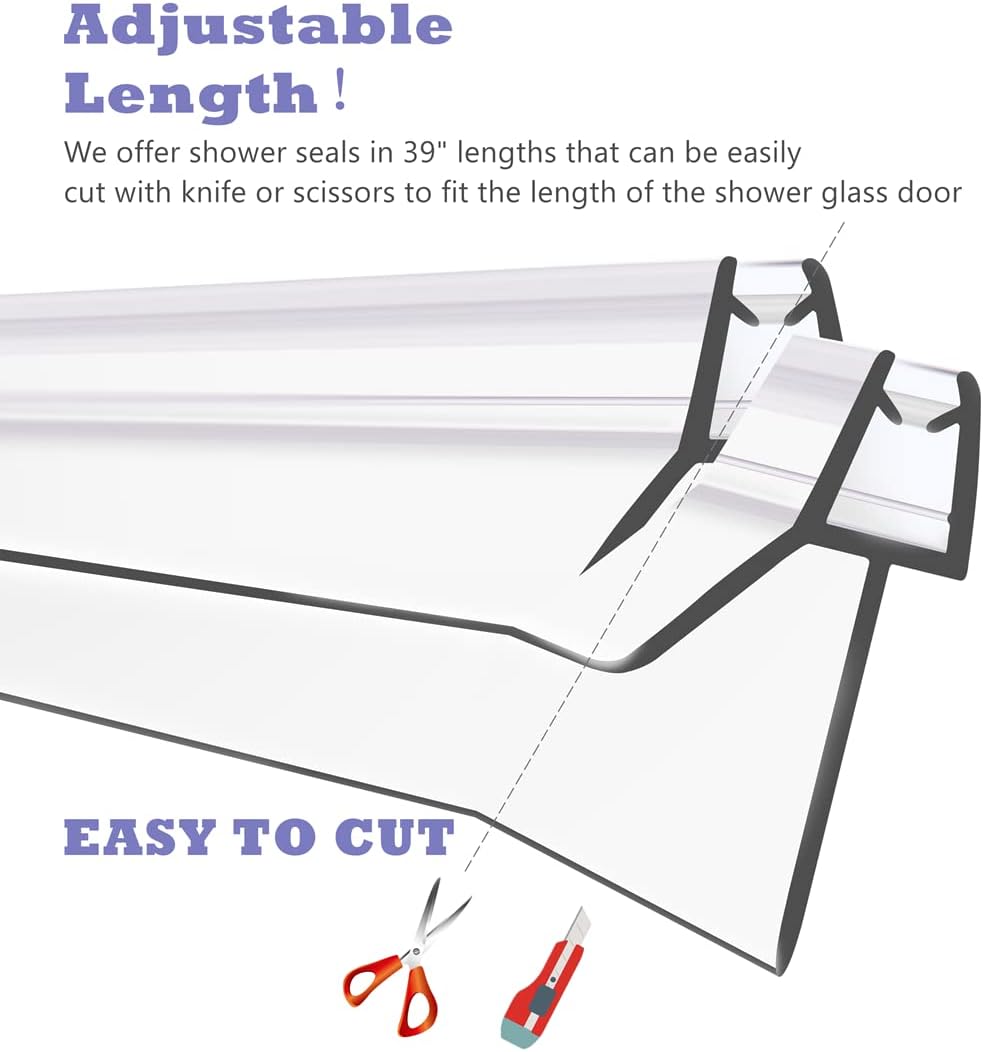 2-Pack Frameless Shower Door Bottom Seal (1/4'' X 39'') Clear Glass Shower Door Sweep Strip can Covers up to 23mm Gap - Stop Leaks