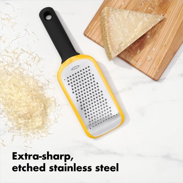 OXO Good Grips Etched Coarse Grater with Handle, Orange | Coarse Kitchen Grater, Sharp Etched Teeth, Non-Slip Handle, Hard Cheese, Vegetables, Chocolate, Easy Grip