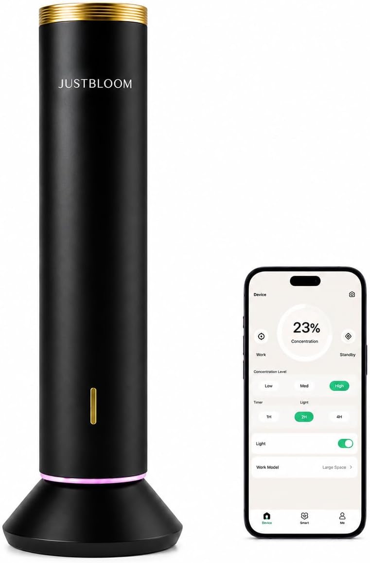 JUSTBLOOM Hotel Essential Oil Diffuser, Waterless Fragrance Diffuser | Up to 4000 Sq Ft: Smart App Control, Cold Air Diffusion, ,360° Ambient Light, Auto Shut-Off, Premium Aluminum Design