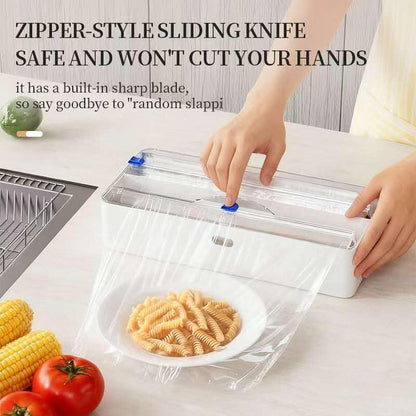 2in1 Plastic Wrap Dispenser with Cutter, Wall Mounted Plastic Wrap Dispenser with 2 Adhesive Hooks, 12 inch Clear Foil Dispenser with Cutter for Foil, Cling Wrap & Wax Paper for Easy Storage