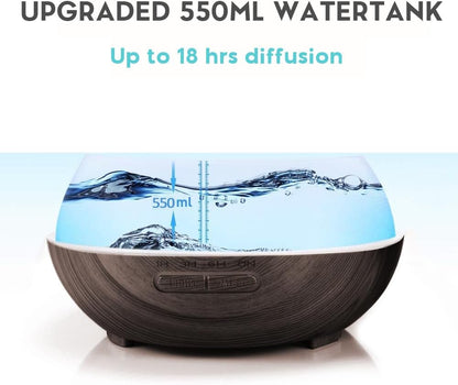 550ml Large Capacity Essential Oil Diffuser 6 Essentil Oil Set Aromatherapy Ultrasonic Air Humidifier with Timer and 7 Color LED Night Light Remote Control Waterless Auto-Off White Wood Grain
