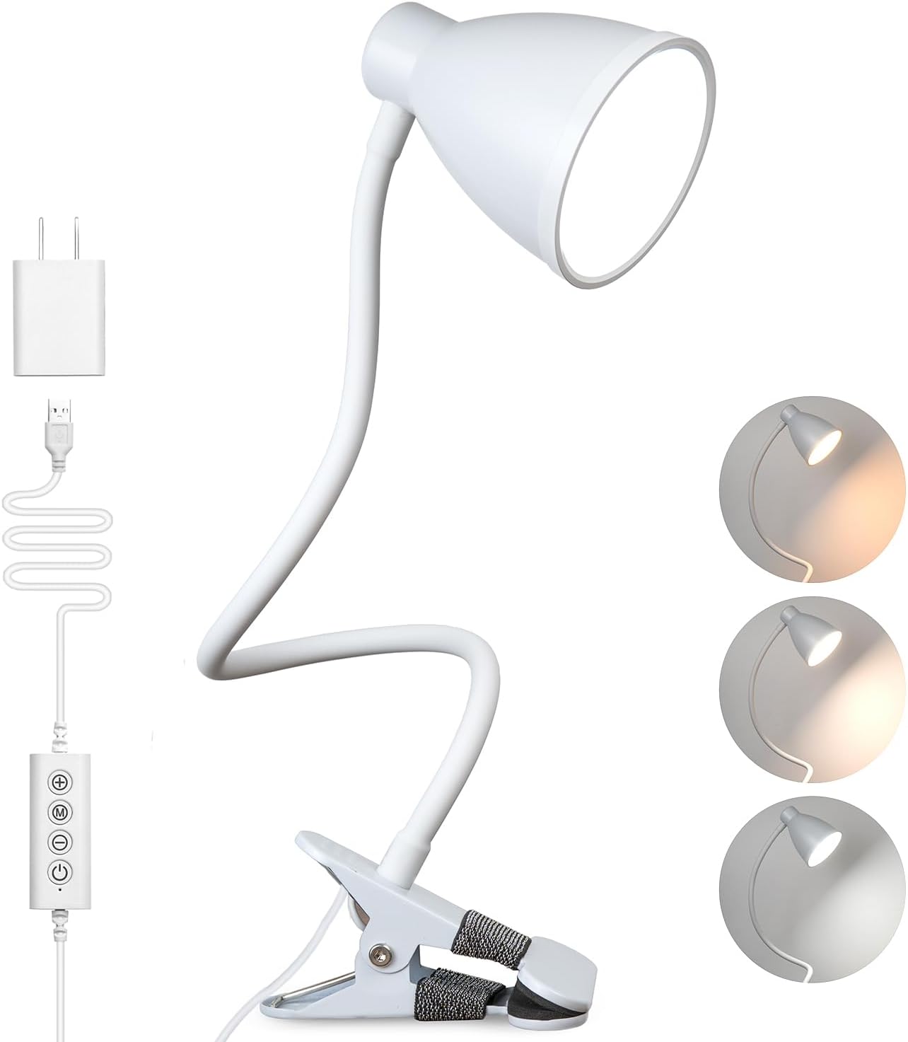 BOHON Desk Lamp 5 Color Modes 10 Brightness Dimmer Reading Light Black | 10W 38 LED Clamp Lamp with Auto Off Timer 360° Flexible Neck Clip on Light for Bed Bedside, AC Adapter Include