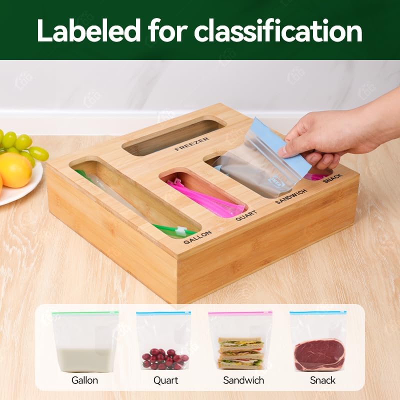 LDQ 9-in-1 Shatterproof Square Bamboo Storage Box - Aluminum Foil Dispensr with Cutter, Reusable Quarter Multi-Functional Sealed Bag Organizer for Kitchen Drawers, Walls, and Cabinetse