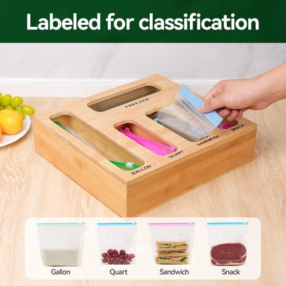 LDQ 9-in-1 Shatterproof Square Bamboo Storage Box - Aluminum Foil Dispensr with Cutter, Reusable Quarter Multi-Functional Sealed Bag Organizer for Kitchen Drawers, Walls, and Cabinetse