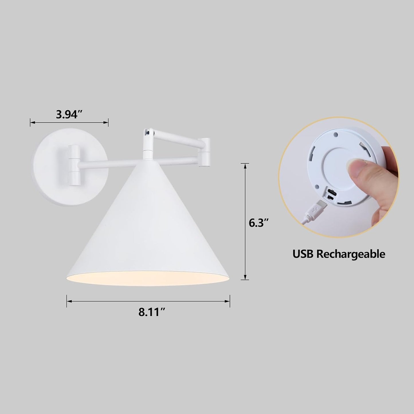 Rechargeable Swing Arm Wall Sconces Set of 2,Gold Battery Operated Wireless Dimmable 3 Color Wall Light with Remote,Cone Indoor Light Fixture for Bedside,Kitchen,Hallway,Living Room,Reading