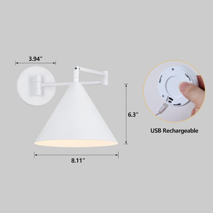 Rechargeable Swing Arm Wall Sconces Set of 2,Gold Battery Operated Wireless Dimmable 3 Color Wall Light with Remote,Cone Indoor Light Fixture for Bedside,Kitchen,Hallway,Living Room,Reading