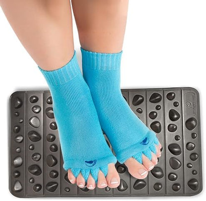 Socks Toe Alignment & Rock Mat for Feet Reflexology Kit | Foot Care Holiday Gift with Medium Toe Separator Socks for Bunions & Reflexology Foot Massage Mat for Relaxation (Medium)