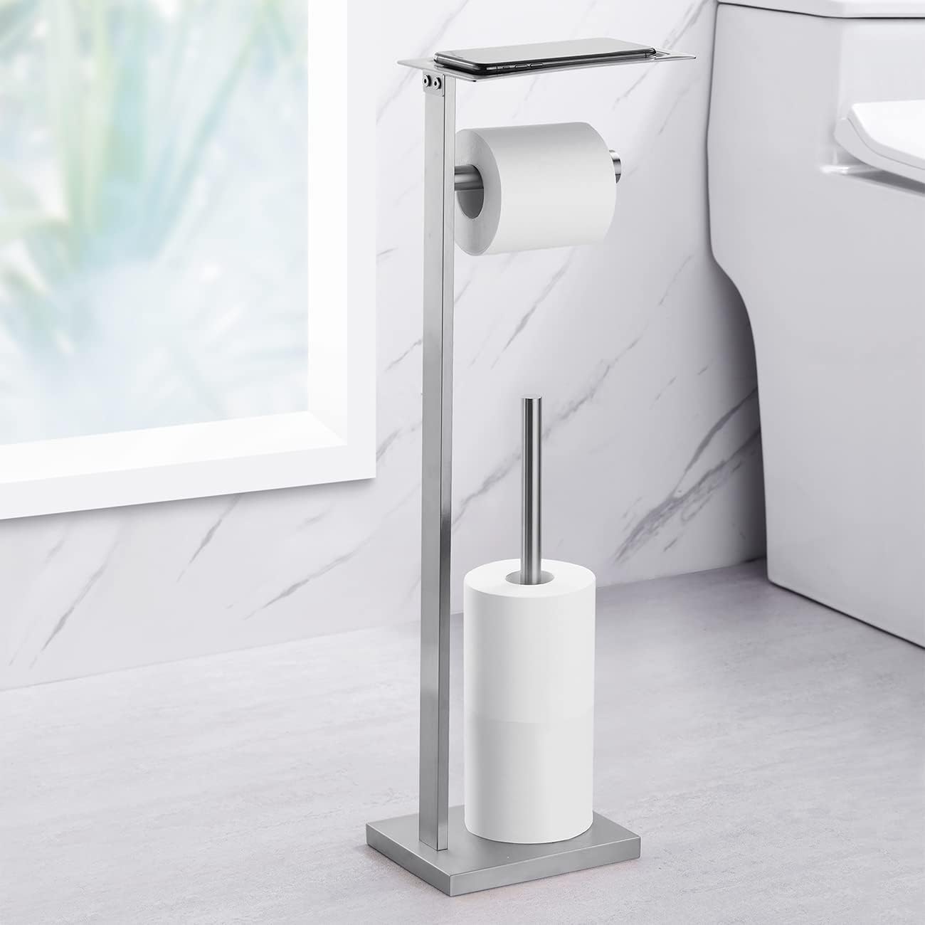 Miyili Matte Black Freestanding Toilet Paper Holder with Shelf, Premium SUS 304 Stainless Steel Bathroom Storage Organizer & Paper Towel Dispenser