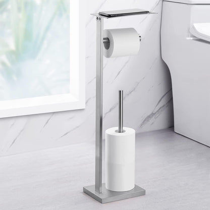 Miyili Matte Black Freestanding Toilet Paper Holder with Shelf, Premium SUS 304 Stainless Steel Bathroom Storage Organizer & Paper Towel Dispenser