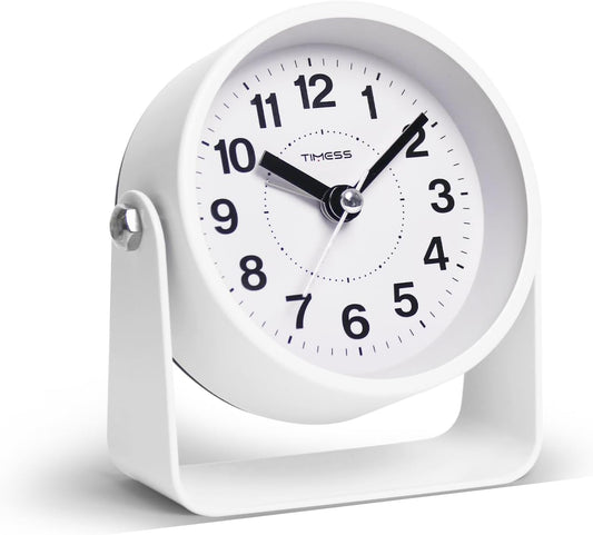TIMESS Analog Alarm Clock, Silent Non-Ticking Quartz Movement, Battery-Operated with Snooze & On-Demand Light, Easy to Set Gentle Wake Bedside Desk Clock, Ideal for Home, Travel, Office (White)