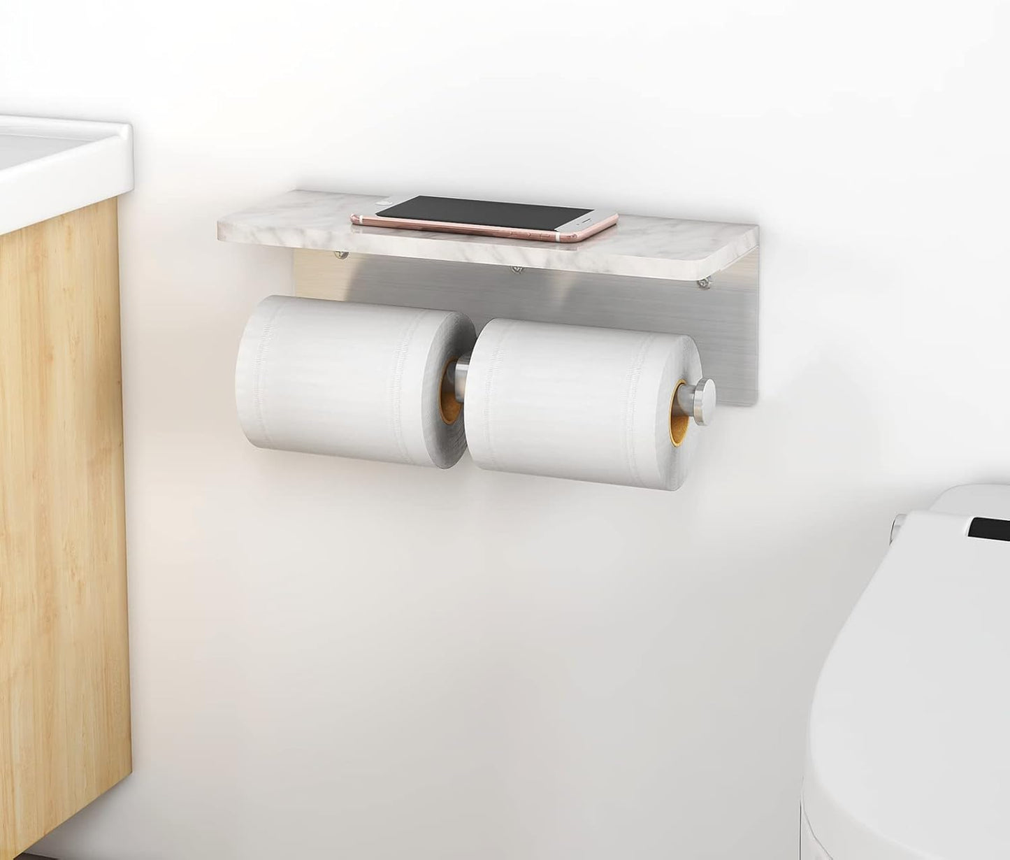 Gypie Marble Toilet Paper Holder with Shelf, Wall Mounted Matte Black | Stainless Steel Tissue Roll Paper Holder Dispenser for Bathroom Washroom