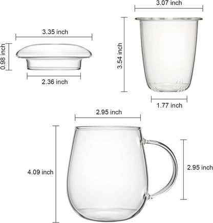 Glass Tea Infuser Cup with Lids and Handle for Blooming & Loose Leaf, 14oz | Borosilicate, Heat Resistance, Lead-free, Microwave & Dishwasher Safe