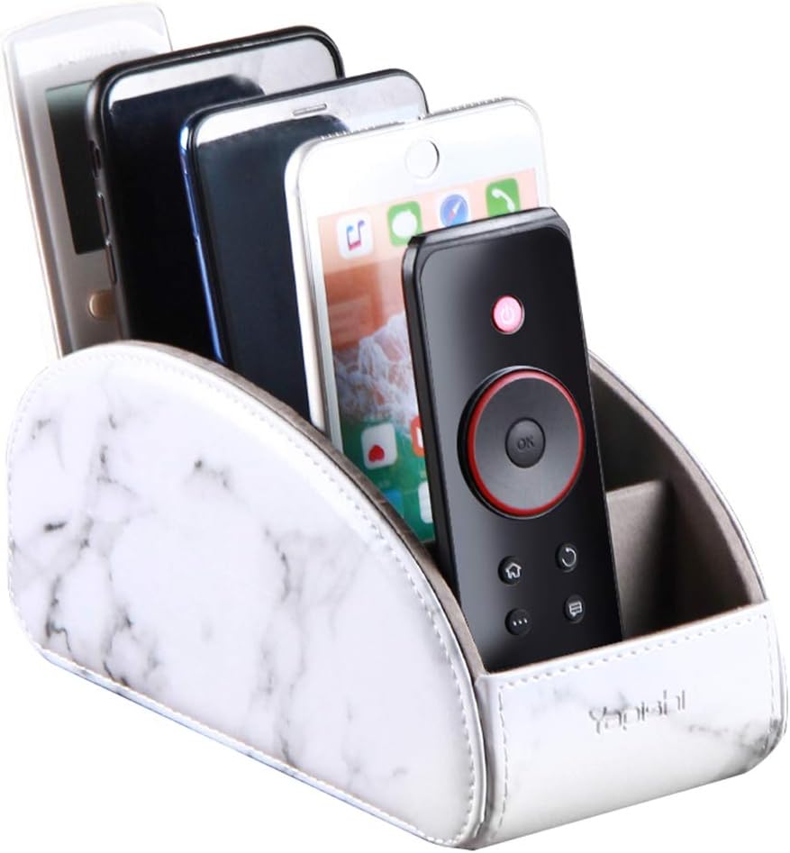 Pu Leather TV Remote Control Holder with 5 Compartments,Remote Caddy/Tray | Bedside Table Desk Storage Box/Organizer for Pen,DVD,Blu-Ray,Media Player,Heater Controller,Cosmetics,Glasses,Office Supplies