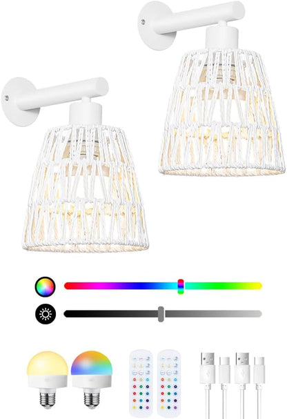 Boho Battery Operated Wall Sconces, Rattan Wall Sconce Set of 2 with Remote, RGB 15 Colors Dimmable Rechargeable Wall Light, Black Indoor Wireless Wall Lamp, Farmhouse Rattan Wall Lighting for Bedroom