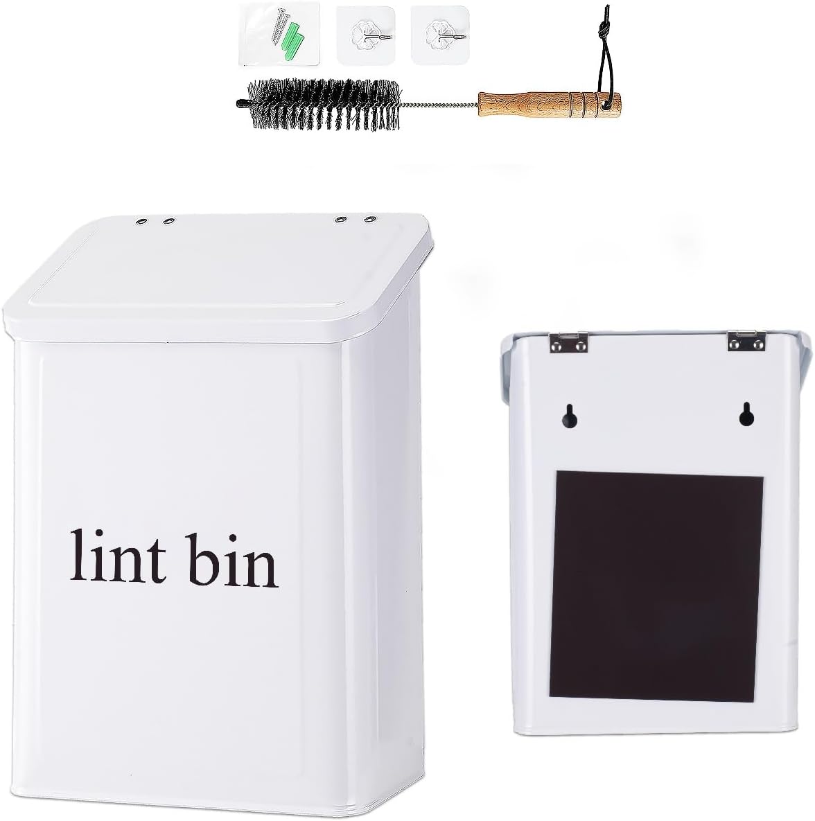 Magnetic Lint Bin with Lint Brush, two white hooks, one black back hook & all accessories for Laundry Room decor, Wall-Mounted Lint Bin with Lid, Powder Coated, Space-Saving Trash Can (Black)