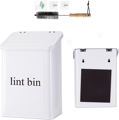 Magnetic Lint Bin with Lint Brush, two white hooks, one black back hook & all accessories for Laundry Room decor, Wall-Mounted Lint Bin with Lid, Powder Coated, Space-Saving Trash Can (Black)