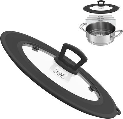 Vented Tempered Glass Universal Lid for Pot Pan Skillet with Heat Resistant Silicone Rim Microwave Splatter Lid Cover Microwave Safe Fit 11.5" 12" 12.5" Cookware, Dishwasher Safe Black
