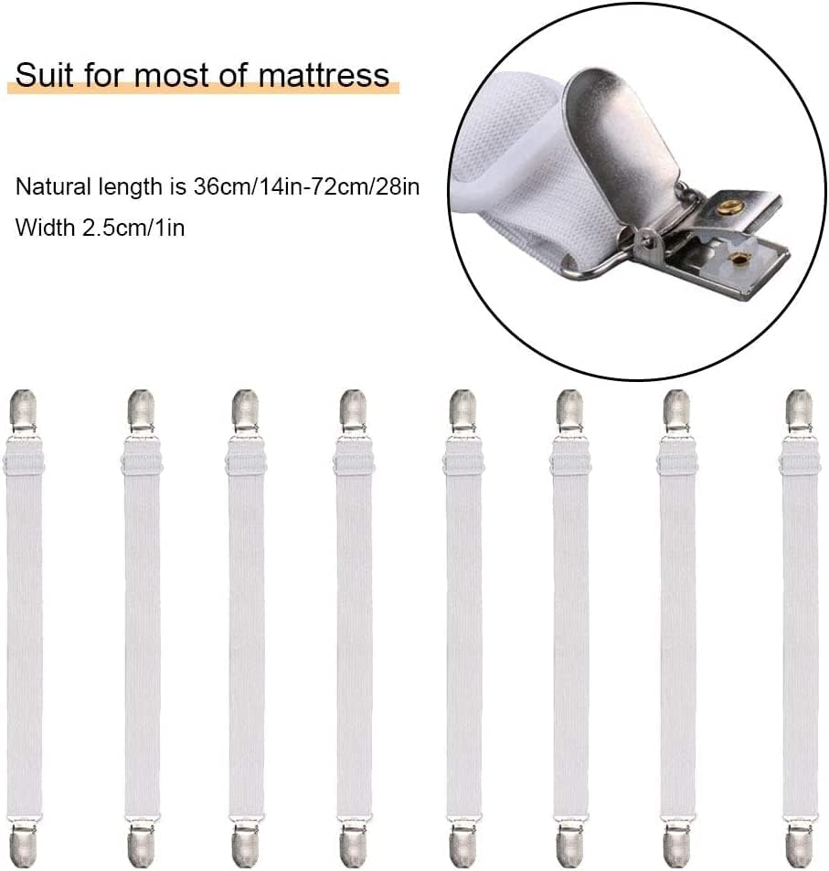 Adjustable Bed Sheet Straps Clips, Elastic Mattress Sheet Fasteners Holder and Suspenders, Grippers to Hold Sheet, Mattress, Sofa, Couch, Table Cloth, Recliner Ironing Board Cover and More
