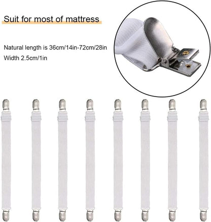 Adjustable Bed Sheet Straps Clips, Elastic Mattress Sheet Fasteners Holder and Suspenders, Grippers to Hold Sheet, Mattress, Sofa, Couch, Table Cloth, Recliner Ironing Board Cover and More