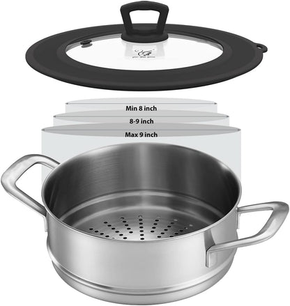 Vented Tempered Glass Universal Lid for Pot Pan Skillet with Heat Resistant Silicone Rim Microwave Splatter Lid Cover Microwave Safe Fit 11.5" 12" 12.5" Cookware, Dishwasher Safe Black