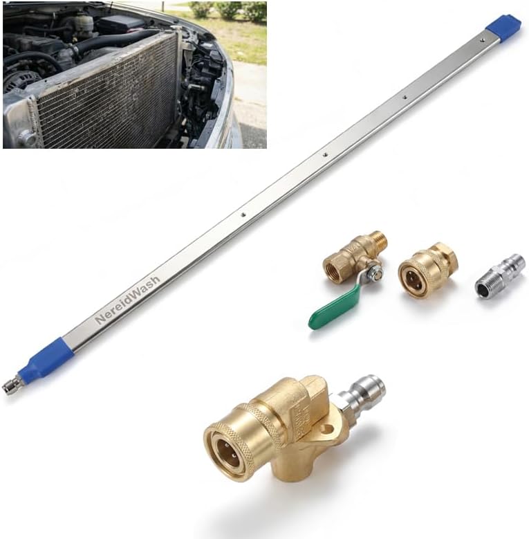 Car Radiator Cleaning Wand, Dual-Use 24‘’ Water&Air Flush Cleaning Tool Max 4500PSI Pressure Washer Wands For Car Truck RV Radiator Gutter, Jetter Nozzle Flat Wand With Angles Coupler