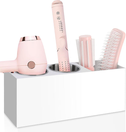 Hair Tool Organizer, Hair Dryer Holder with Heatproof Steel Cups, Acrylic Vanity Organizer for Curling Iron, Flat Iron & Hair Brushes, Perfect for Bathroom (White, Standard)