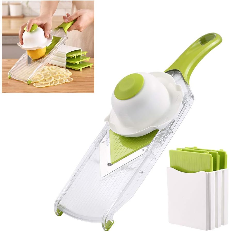V-Blade Mandoline Slicer 0.06/0.10/0.14 Inch Adjustable Thin slice Lemon Slicer Kitchenaid Accessories Grater 420 Stainless Steel Food Fruit Vegetable Slicer with Finger Guard Protector (Green)