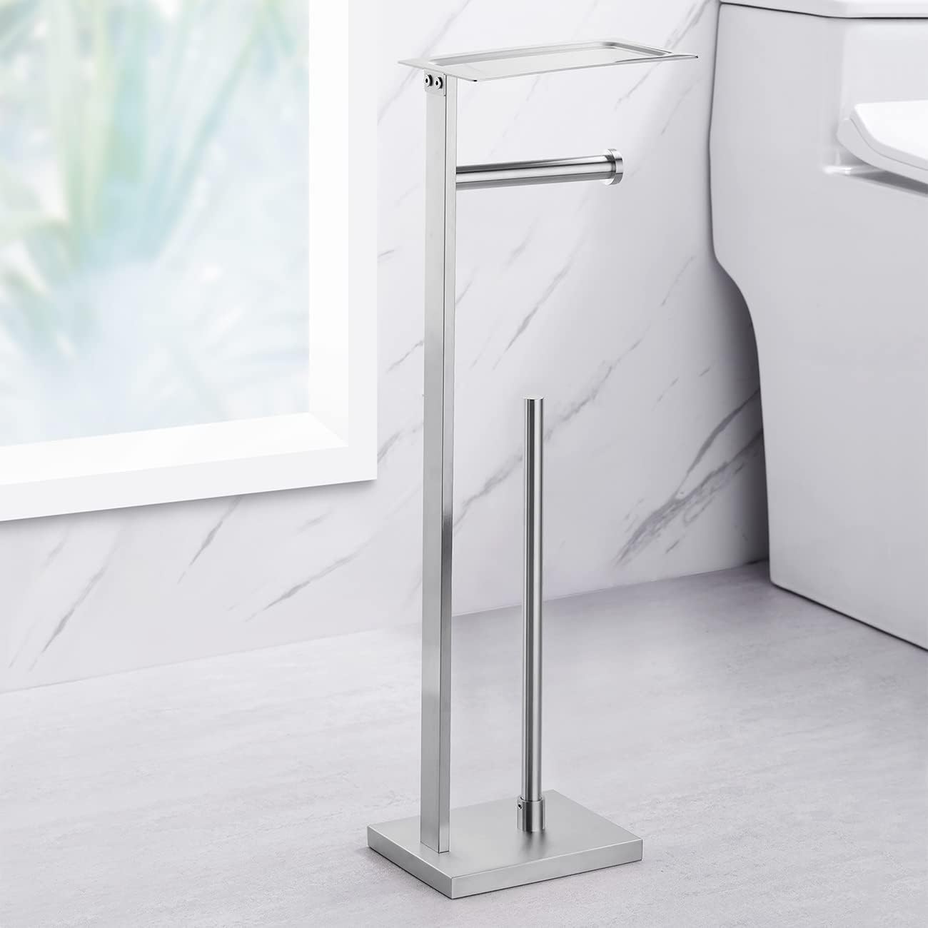 Miyili Matte Black Freestanding Toilet Paper Holder with Shelf, Premium SUS 304 Stainless Steel Bathroom Storage Organizer & Paper Towel Dispenser
